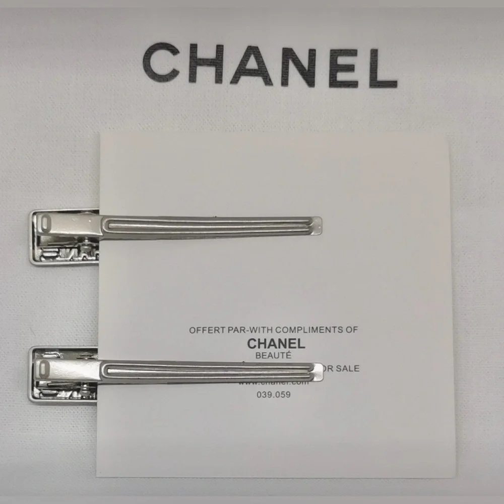 CHANEL Silver Hair Clips with Crystal Logo - Picture 4 of 9